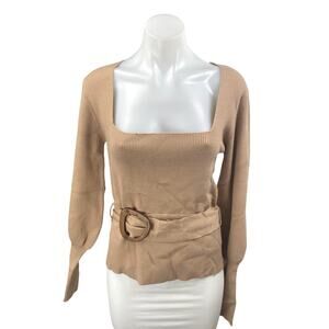 NEW Fashion Union Brown Rib Knit Belted Square Neck Long Sleeve Sweater Top Sz 8